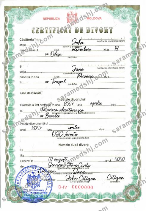 Moldova vital record divorce certificate